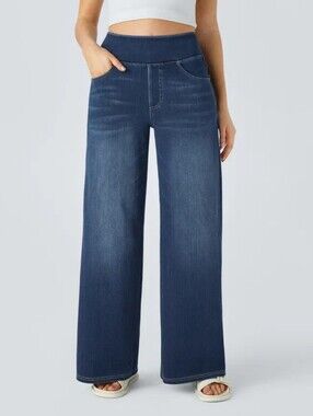 Halara Flex High Waisted Pockets Baggy Wide Leg Washed Casual Jeans Large Petite